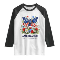America 250 Patriotic Butterfly Floral Graphic Raglan Shirt American Flag Wings Watercolor Wildflowers 1776 to 2026 Semiquincentennial