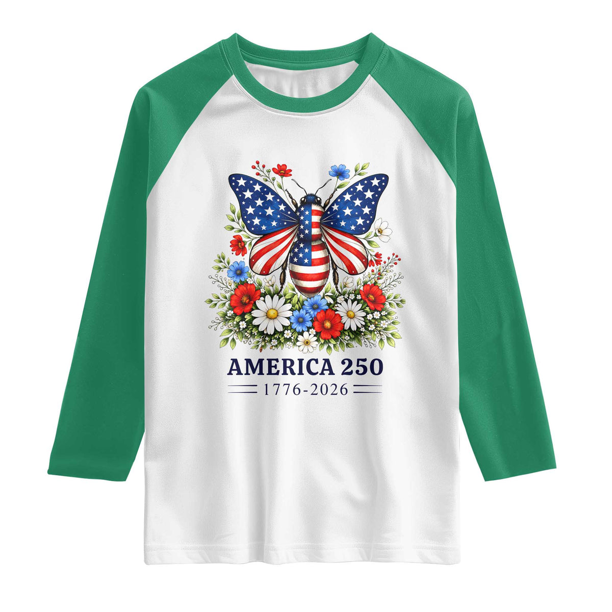 America 250 Patriotic Butterfly Floral Graphic Raglan Shirt American Flag Wings Watercolor Wildflowers 1776 to 2026 Semiquincentennial