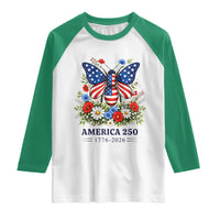 America 250 Patriotic Butterfly Floral Graphic Raglan Shirt American Flag Wings Watercolor Wildflowers 1776 to 2026 Semiquincentennial