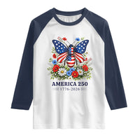 America 250 Patriotic Butterfly Floral Graphic Raglan Shirt American Flag Wings Watercolor Wildflowers 1776 to 2026 Semiquincentennial