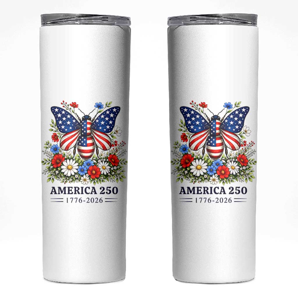America 250 Patriotic Butterfly Floral Graphic Skinny Tumbler American Flag Wings Watercolor Wildflowers 1776 to 2026 Semiquincentennial