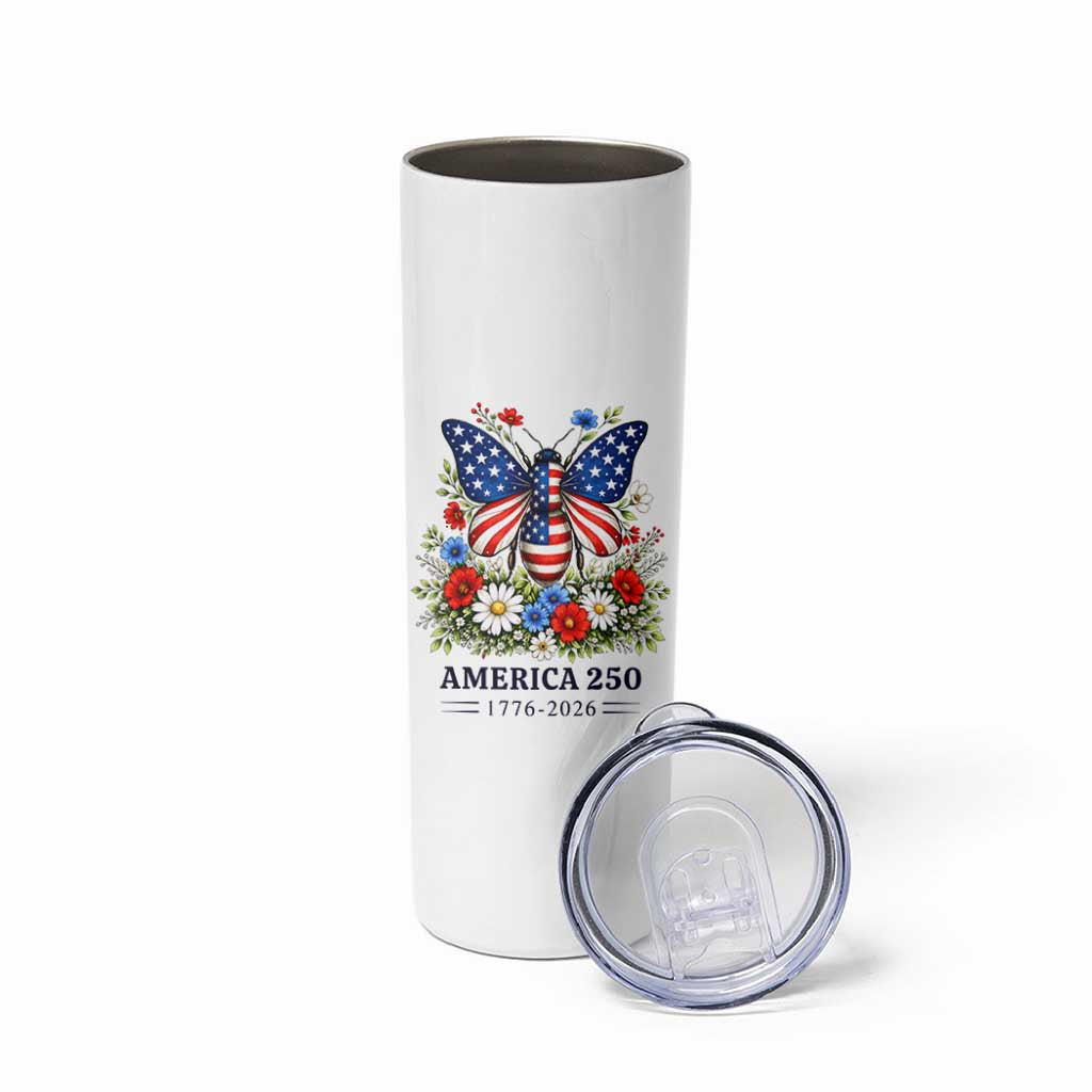 America 250 Patriotic Butterfly Floral Graphic Skinny Tumbler American Flag Wings Watercolor Wildflowers 1776 to 2026 Semiquincentennial