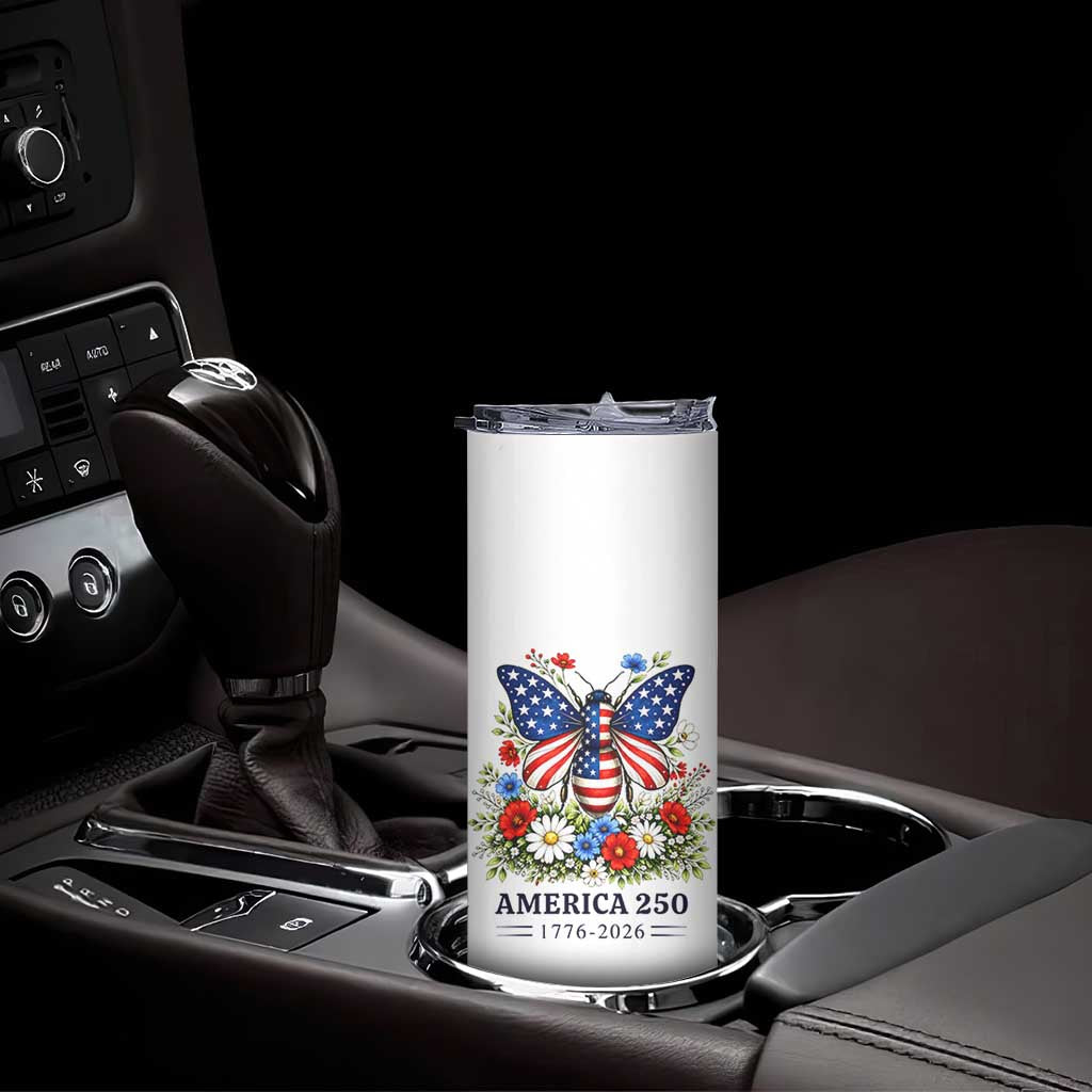 America 250 Patriotic Butterfly Floral Graphic Skinny Tumbler American Flag Wings Watercolor Wildflowers 1776 to 2026 Semiquincentennial
