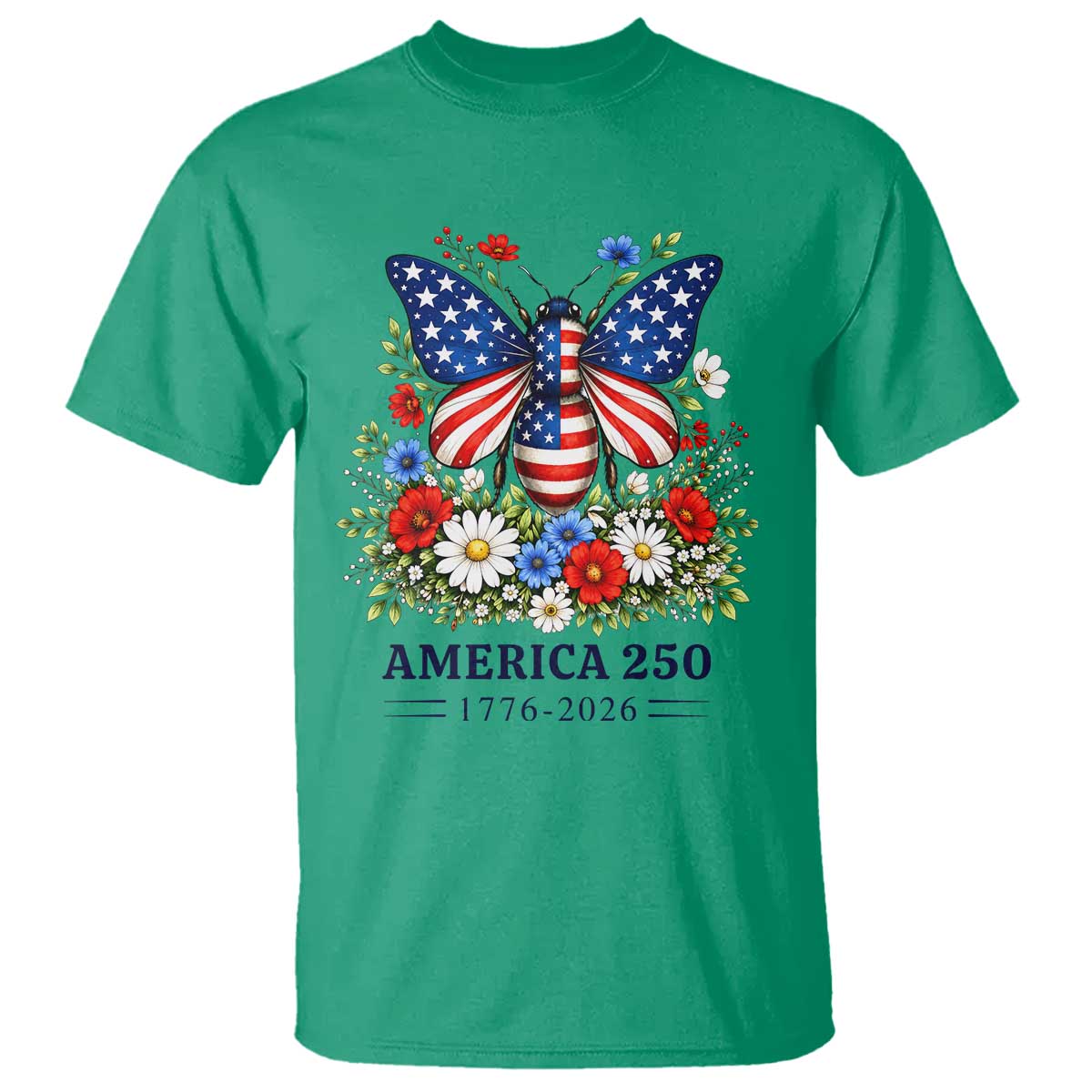America 250 Patriotic Butterfly Floral Graphic T Shirt American Flag Wings Watercolor Wildflowers 1776 to 2026 Semiquincentennial