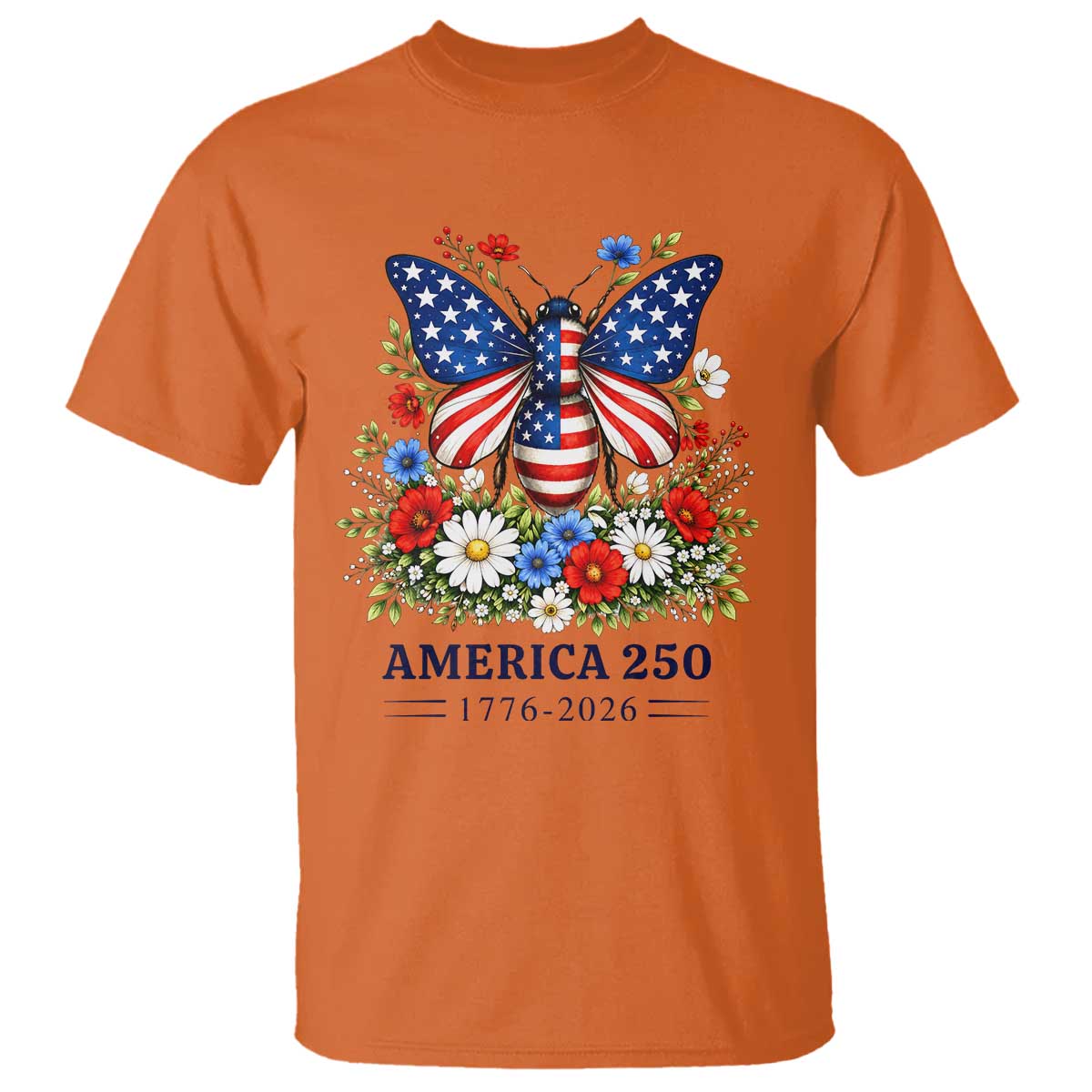 America 250 Patriotic Butterfly Floral Graphic T Shirt American Flag Wings Watercolor Wildflowers 1776 to 2026 Semiquincentennial
