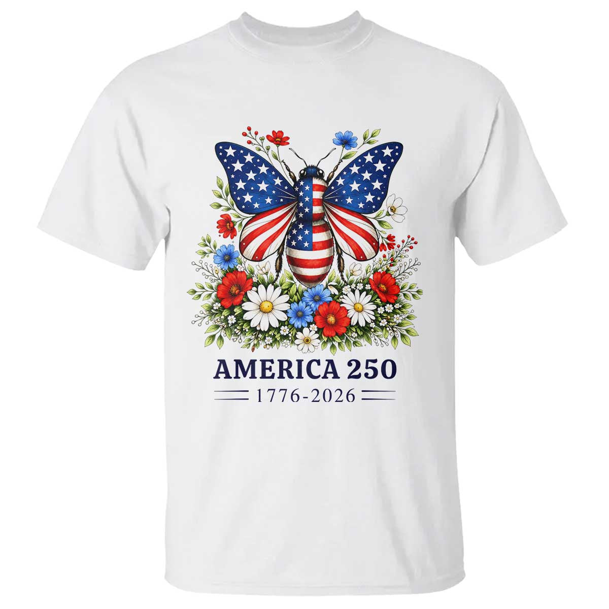 America 250 Patriotic Butterfly Floral Graphic T Shirt American Flag Wings Watercolor Wildflowers 1776 to 2026 Semiquincentennial