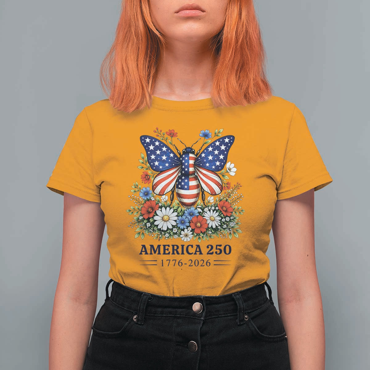 America 250 Patriotic Butterfly Floral Graphic T Shirt For Women American Flag Wings Watercolor Wildflowers 1776 to 2026 Semiquincentennial