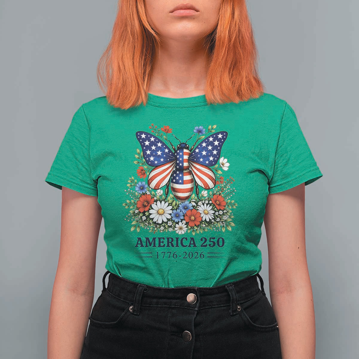 America 250 Patriotic Butterfly Floral Graphic T Shirt For Women American Flag Wings Watercolor Wildflowers 1776 to 2026 Semiquincentennial