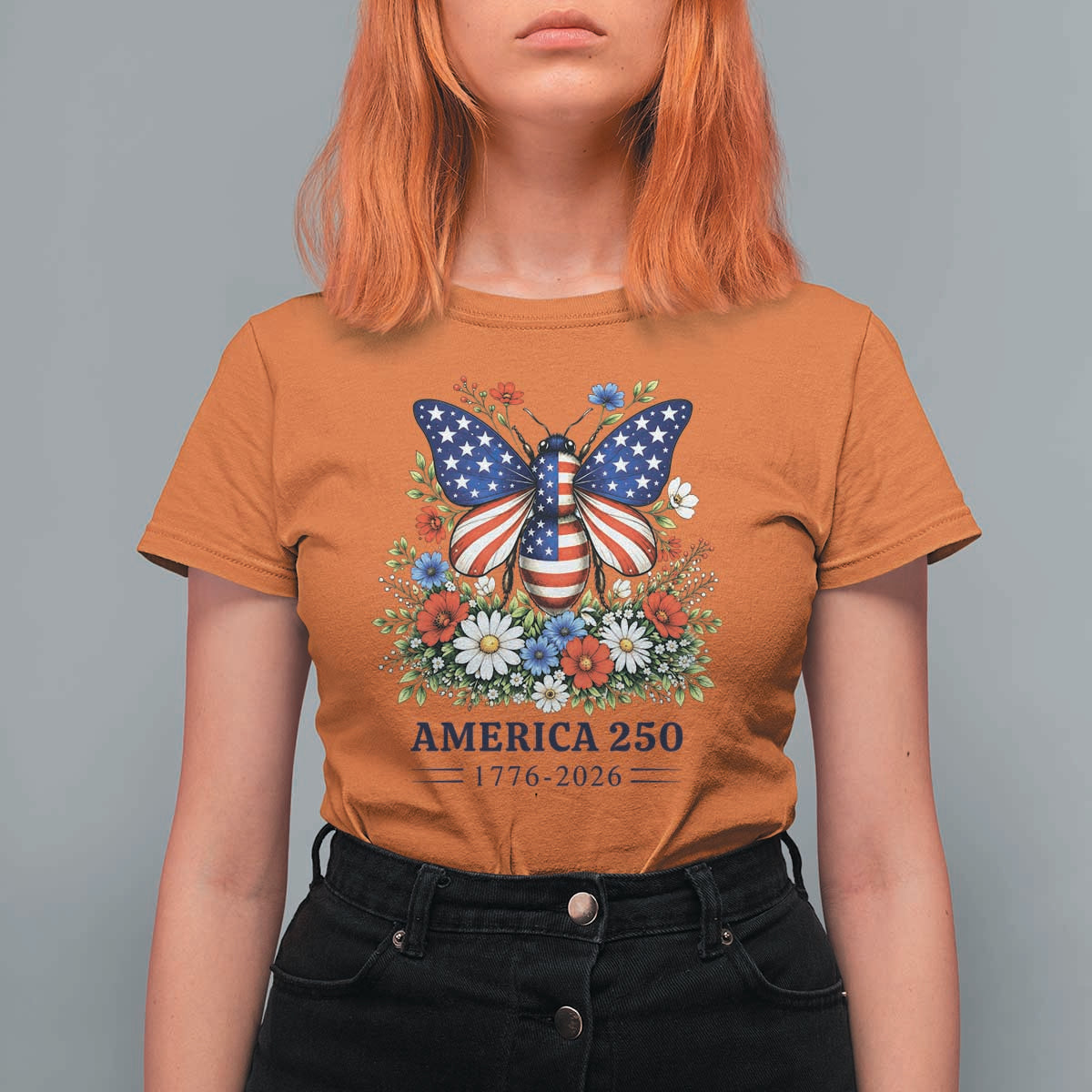 America 250 Patriotic Butterfly Floral Graphic T Shirt For Women American Flag Wings Watercolor Wildflowers 1776 to 2026 Semiquincentennial