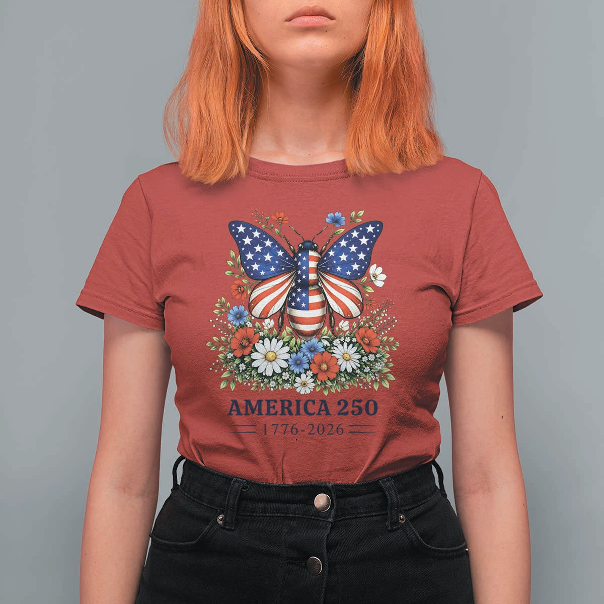America 250 Patriotic Butterfly Floral Graphic T Shirt For Women American Flag Wings Watercolor Wildflowers 1776 to 2026 Semiquincentennial