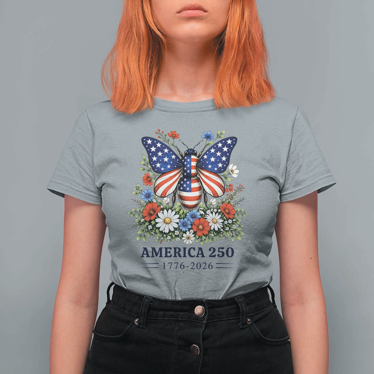 America 250 Patriotic Butterfly Floral Graphic T Shirt For Women American Flag Wings Watercolor Wildflowers 1776 to 2026 Semiquincentennial