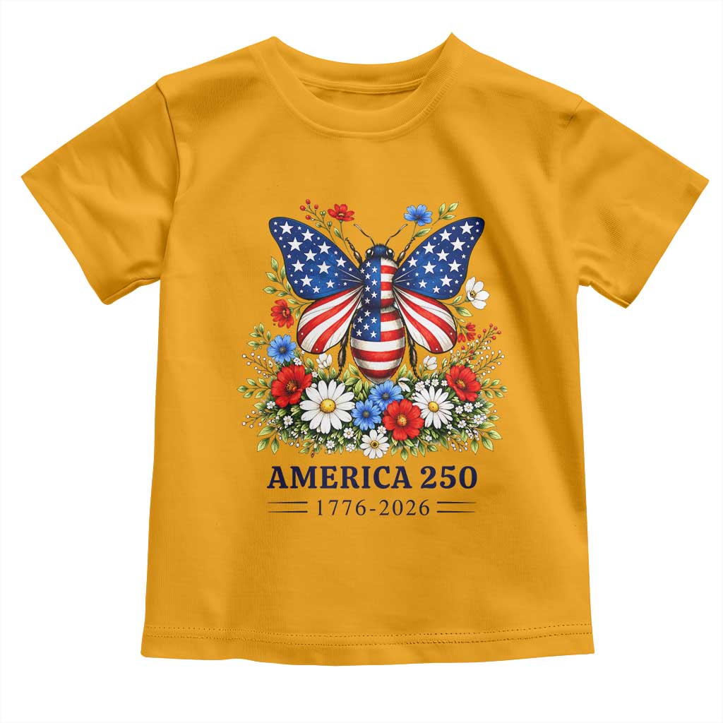 America 250 Patriotic Butterfly Floral Graphic Toddler T Shirt American Flag Wings Watercolor Wildflowers 1776 to 2026 Semiquincentennial