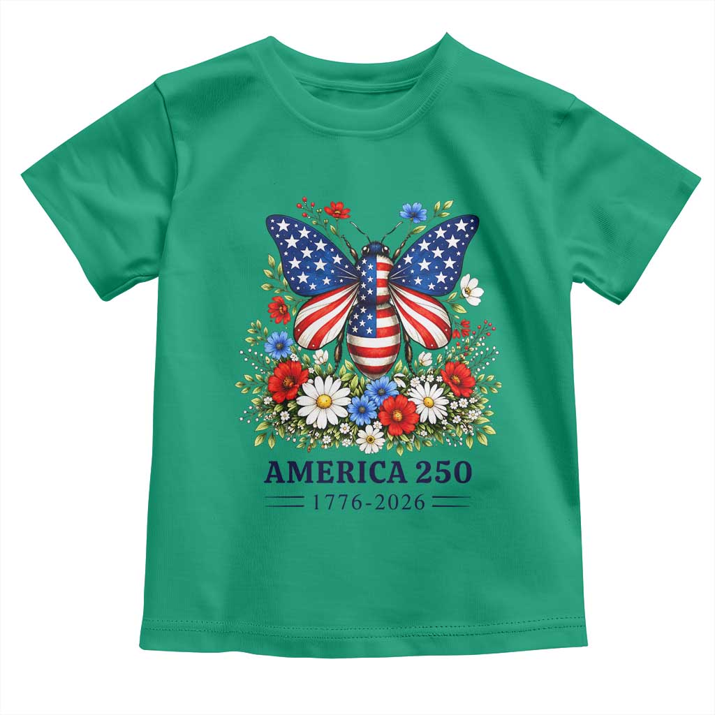 America 250 Patriotic Butterfly Floral Graphic Toddler T Shirt American Flag Wings Watercolor Wildflowers 1776 to 2026 Semiquincentennial