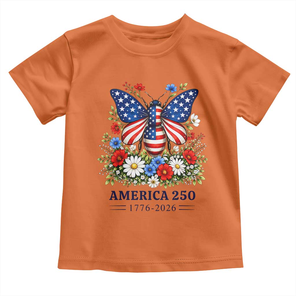America 250 Patriotic Butterfly Floral Graphic Toddler T Shirt American Flag Wings Watercolor Wildflowers 1776 to 2026 Semiquincentennial