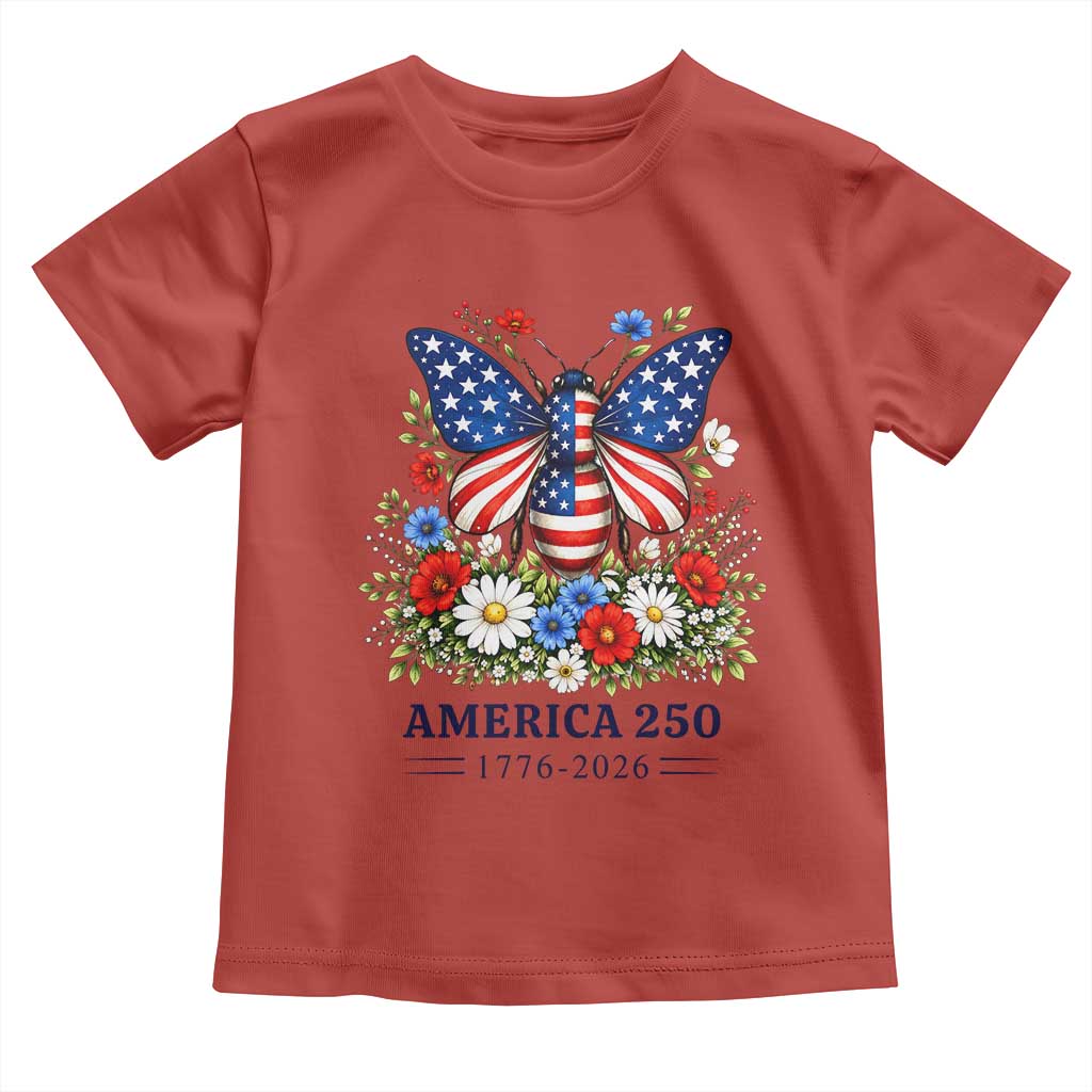 America 250 Patriotic Butterfly Floral Graphic Toddler T Shirt American Flag Wings Watercolor Wildflowers 1776 to 2026 Semiquincentennial