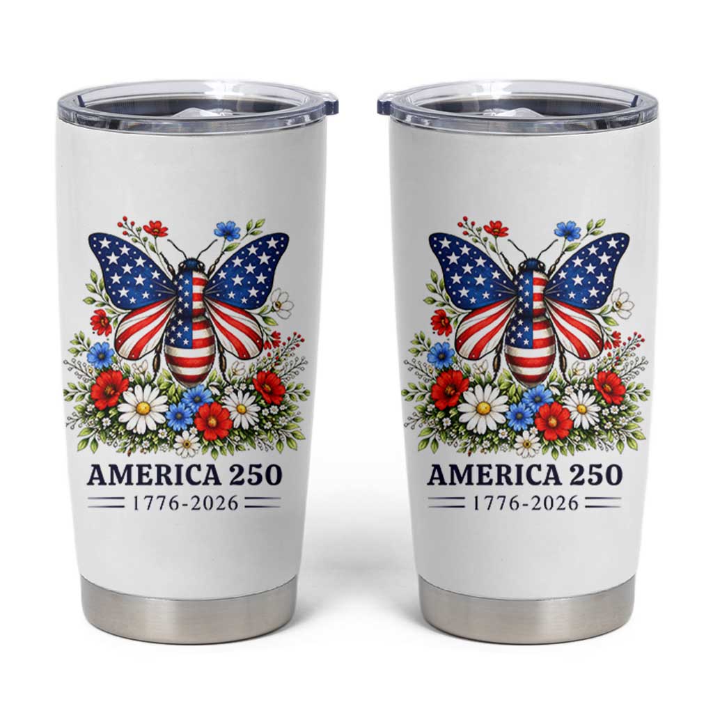 America 250 Patriotic Butterfly Floral Graphic Tumbler Cup American Flag Wings Watercolor Wildflowers 1776 to 2026 Semiquincentennial