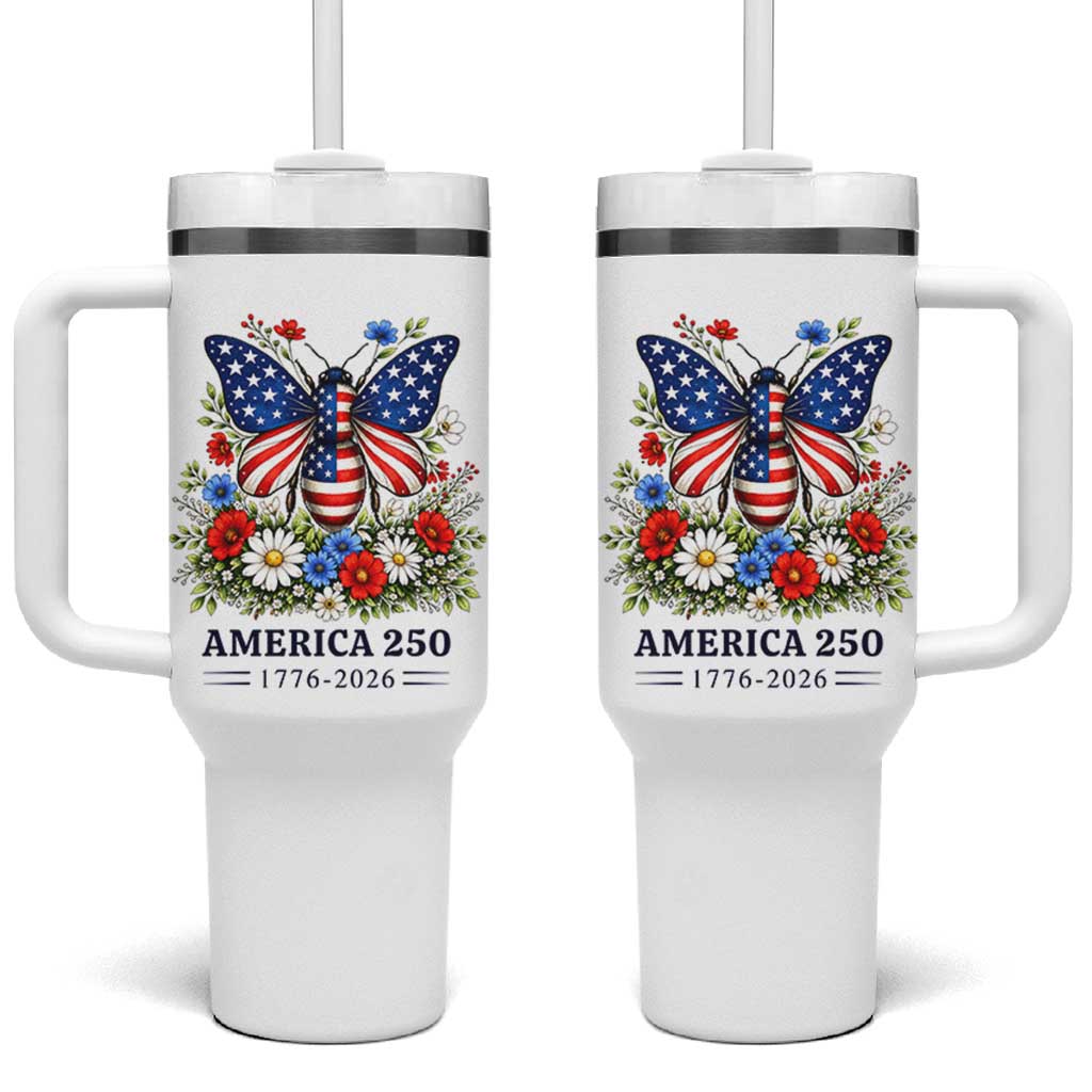 America 250 Patriotic Butterfly Floral Graphic Tumbler With Handle American Flag Wings Watercolor Wildflowers 1776 to 2026 Semiquincentennial