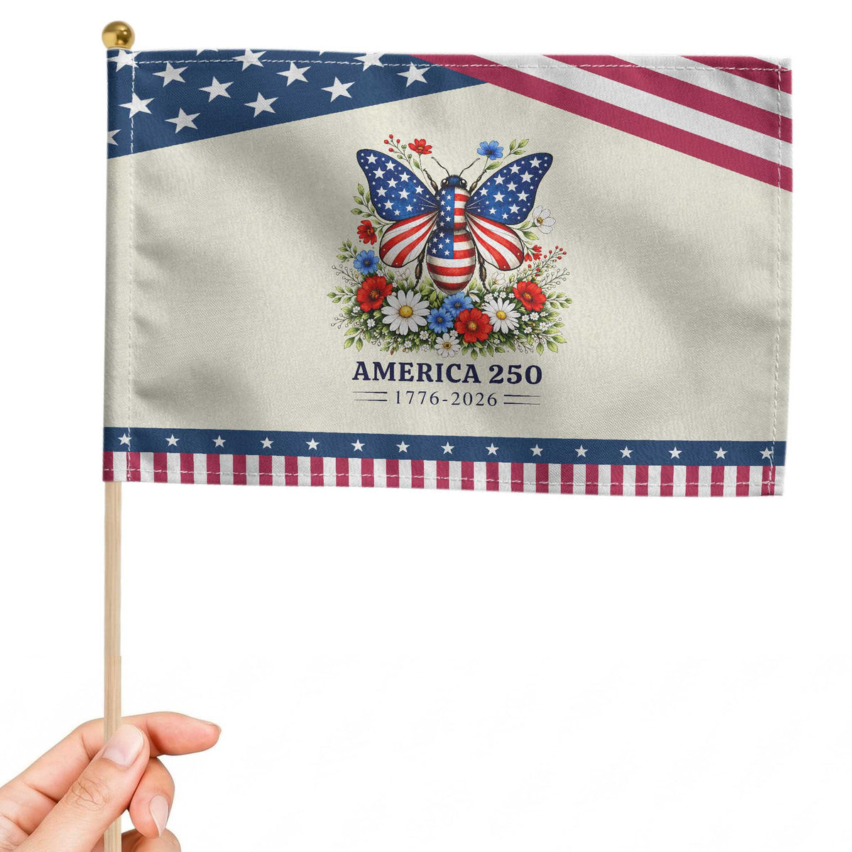 America 250 Butterfly Floral Graphic Patriotic Handheld Flag American Flag Wings Watercolor Wildflowers 1776 to 2026 Semiquincentennial