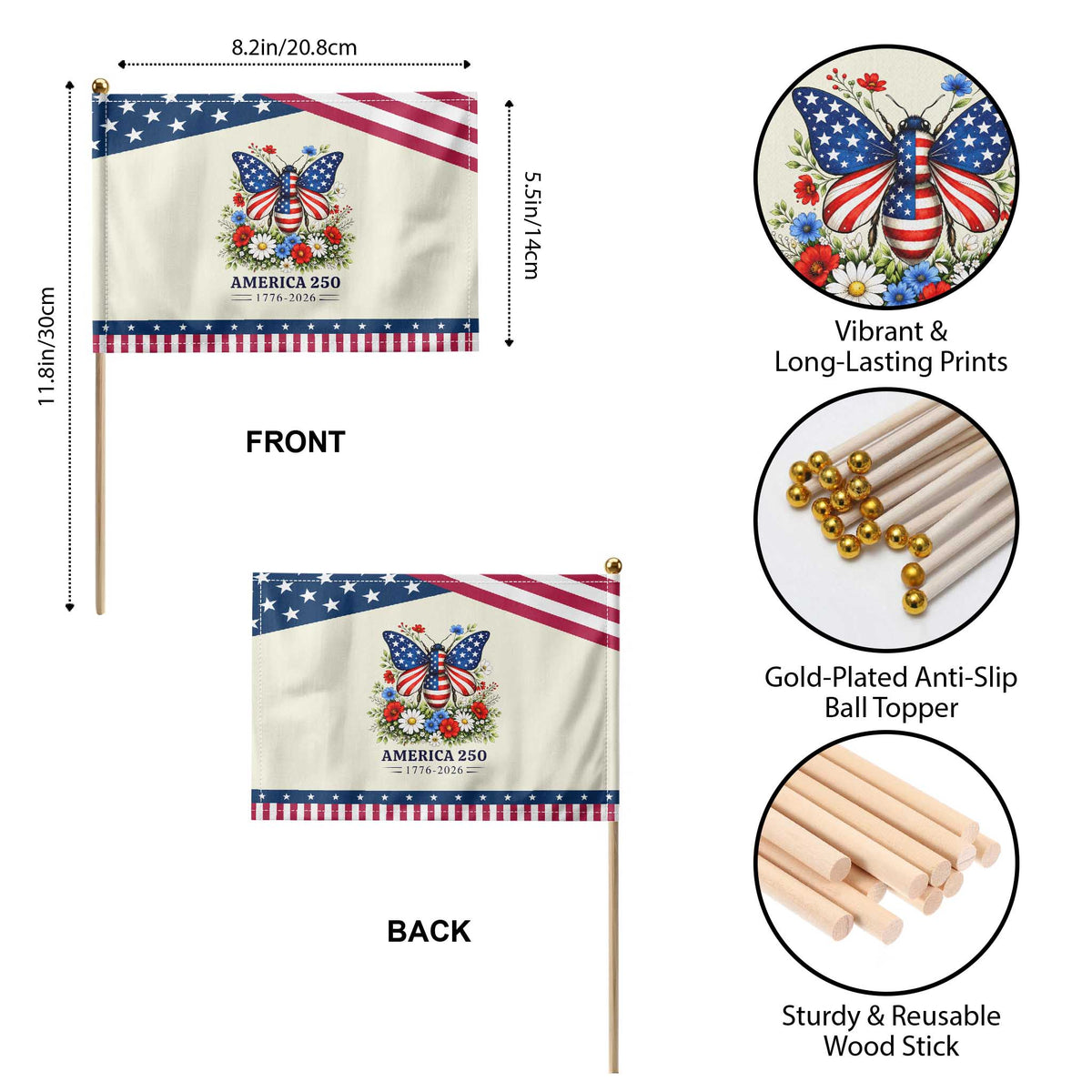 America 250 Butterfly Floral Graphic Patriotic Handheld Flag American Flag Wings Watercolor Wildflowers 1776 to 2026 Semiquincentennial