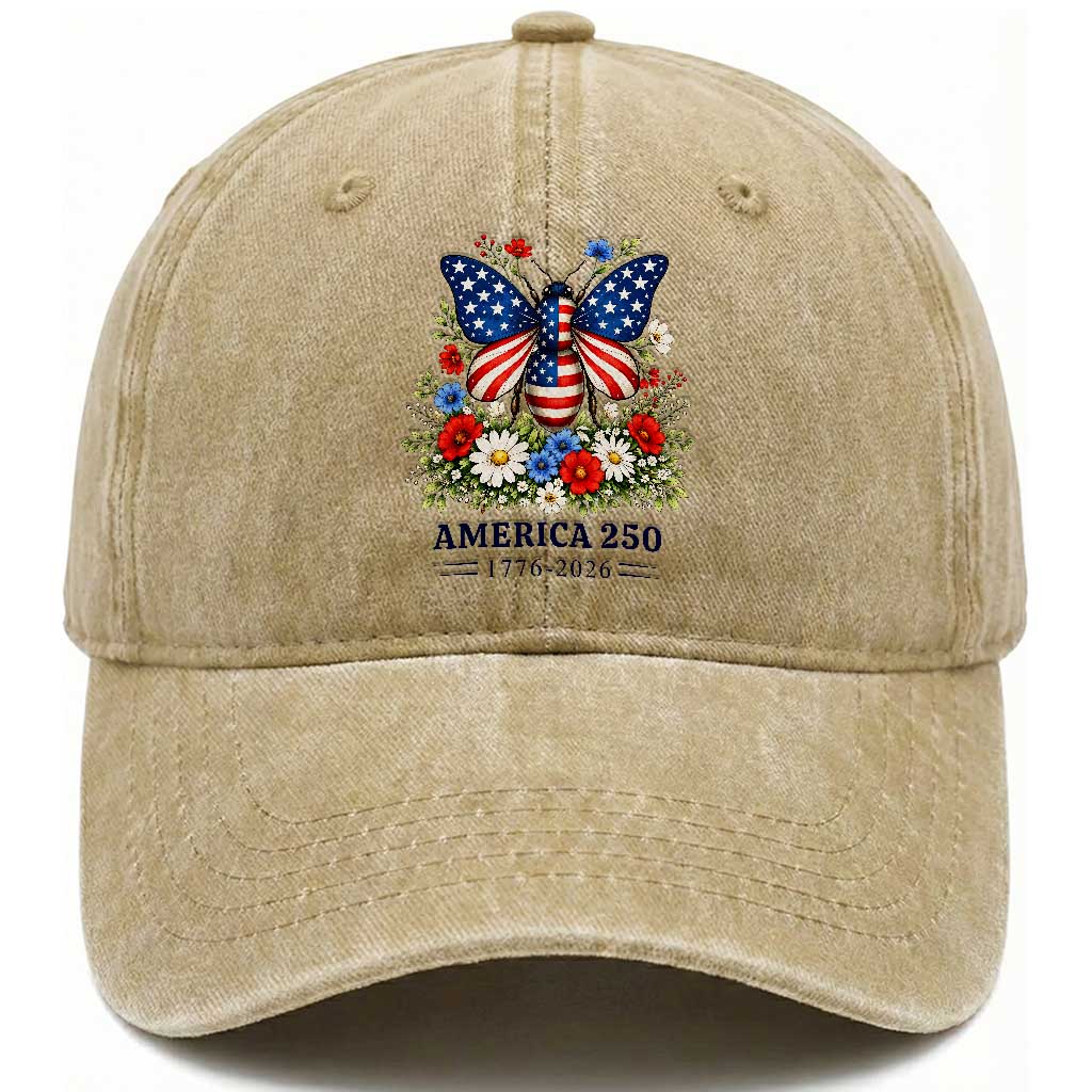 America 250 Patriotic Butterfly Floral Graphic Washed Cotton Baseball Cap American Flag Wings Watercolor Wildflowers 1776 to 2026 Semiquincentennial