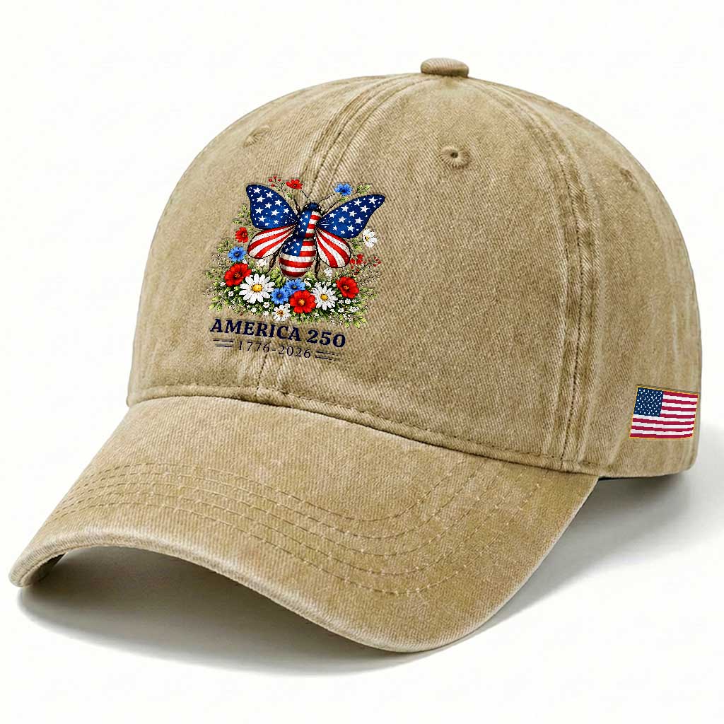 America 250 Patriotic Butterfly Floral Graphic Washed Cotton Baseball Cap American Flag Wings Watercolor Wildflowers 1776 to 2026 Semiquincentennial