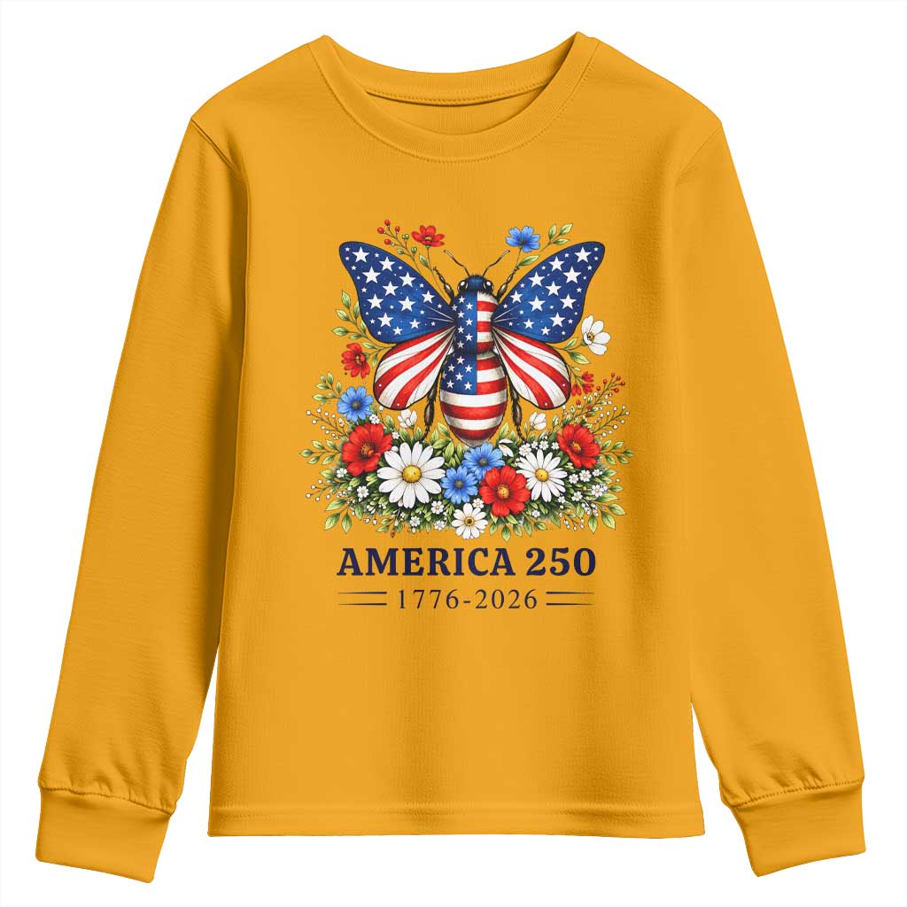 America 250 Patriotic Butterfly Floral Graphic Youth Sweatshirt American Flag Wings Watercolor Wildflowers 1776 to 2026 Semiquincentennial