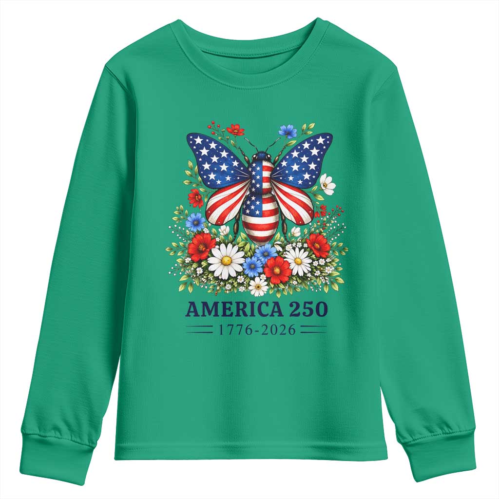 America 250 Patriotic Butterfly Floral Graphic Youth Sweatshirt American Flag Wings Watercolor Wildflowers 1776 to 2026 Semiquincentennial