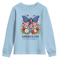 America 250 Patriotic Butterfly Floral Graphic Youth Sweatshirt American Flag Wings Watercolor Wildflowers 1776 to 2026 Semiquincentennial
