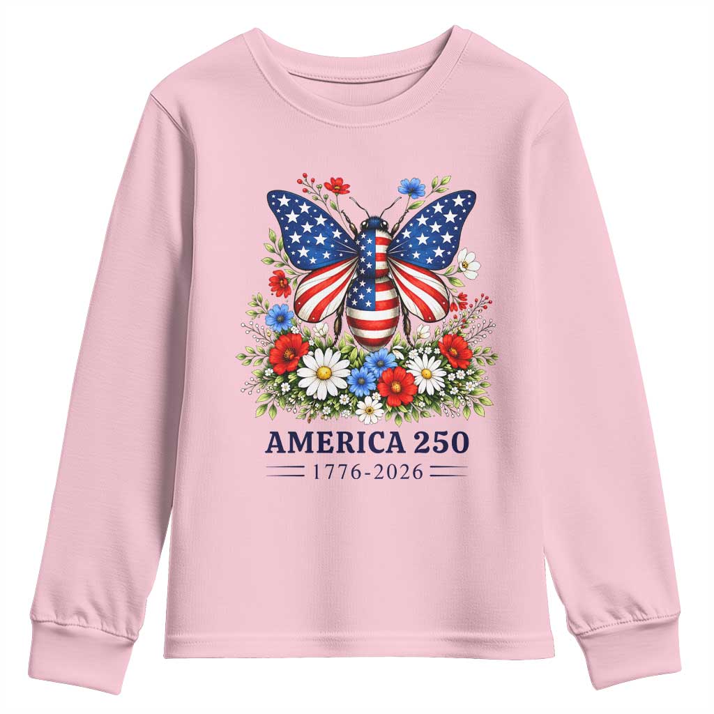 America 250 Patriotic Butterfly Floral Graphic Youth Sweatshirt American Flag Wings Watercolor Wildflowers 1776 to 2026 Semiquincentennial