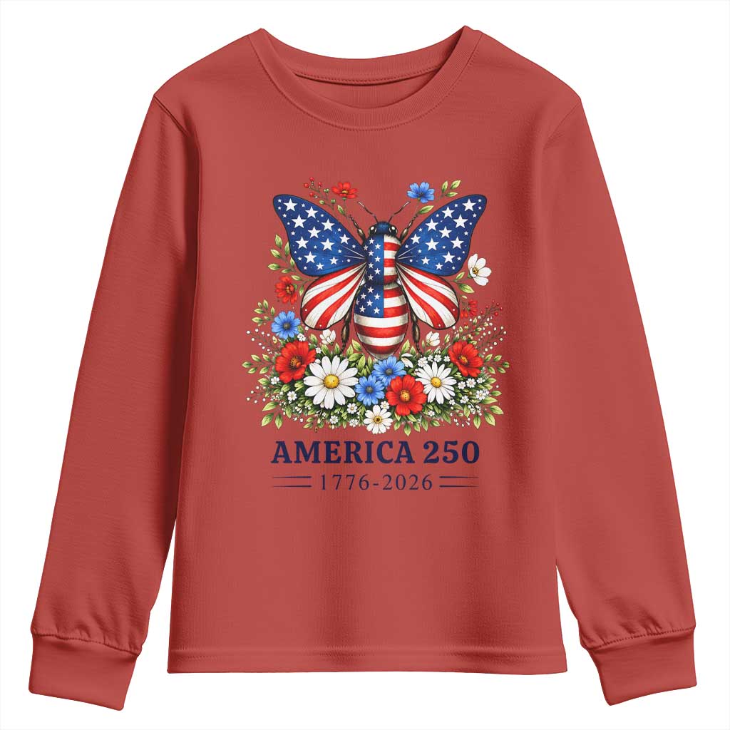 America 250 Patriotic Butterfly Floral Graphic Youth Sweatshirt American Flag Wings Watercolor Wildflowers 1776 to 2026 Semiquincentennial