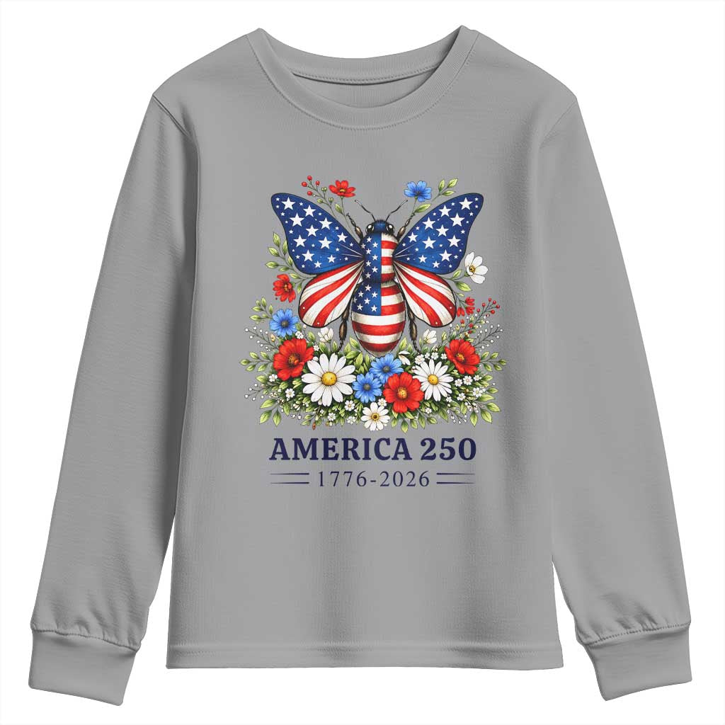 America 250 Patriotic Butterfly Floral Graphic Youth Sweatshirt American Flag Wings Watercolor Wildflowers 1776 to 2026 Semiquincentennial