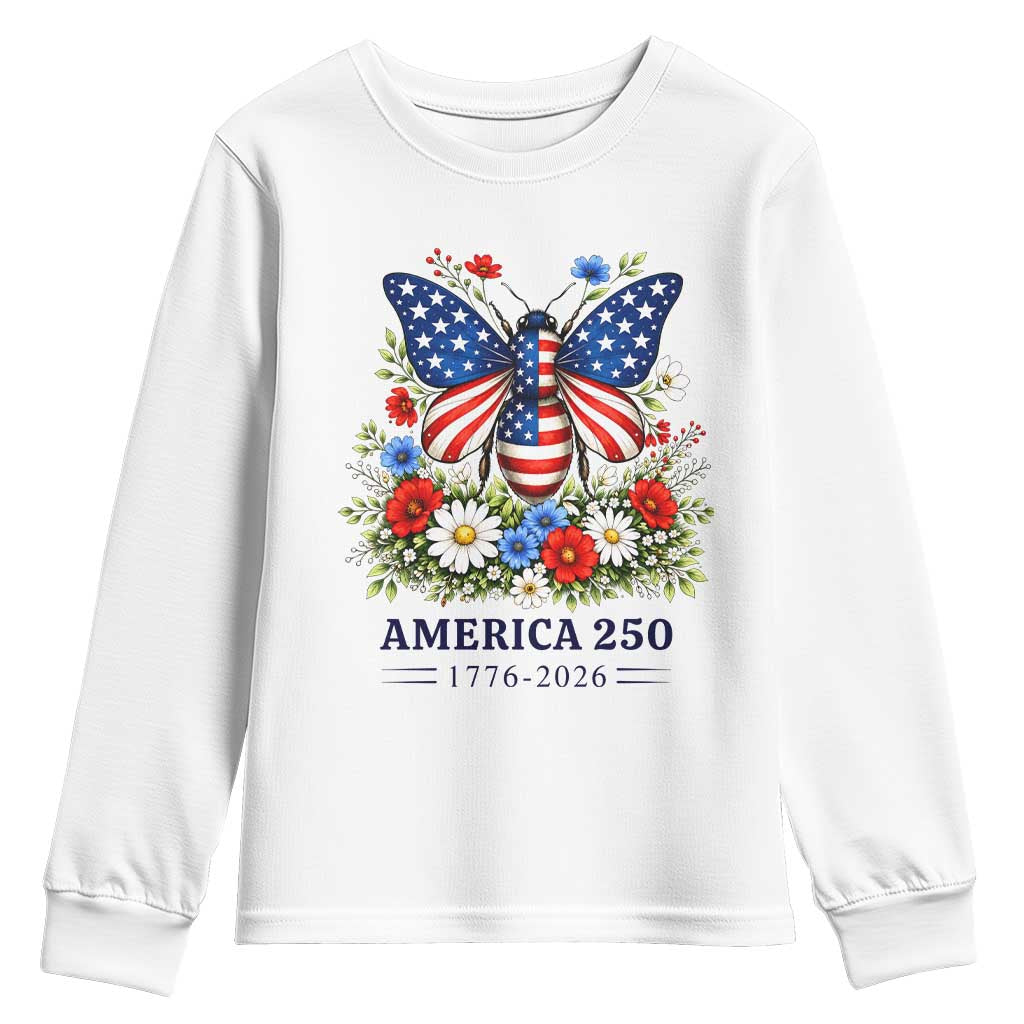America 250 Patriotic Butterfly Floral Graphic Youth Sweatshirt American Flag Wings Watercolor Wildflowers 1776 to 2026 Semiquincentennial