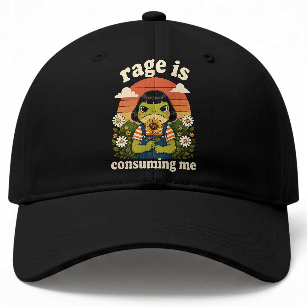 Rage Is Consuming Me Funny Cute Retro Cottagecore Frog Meme Baseball Cap Holding Sunflower Sunset Aesthetic Humor