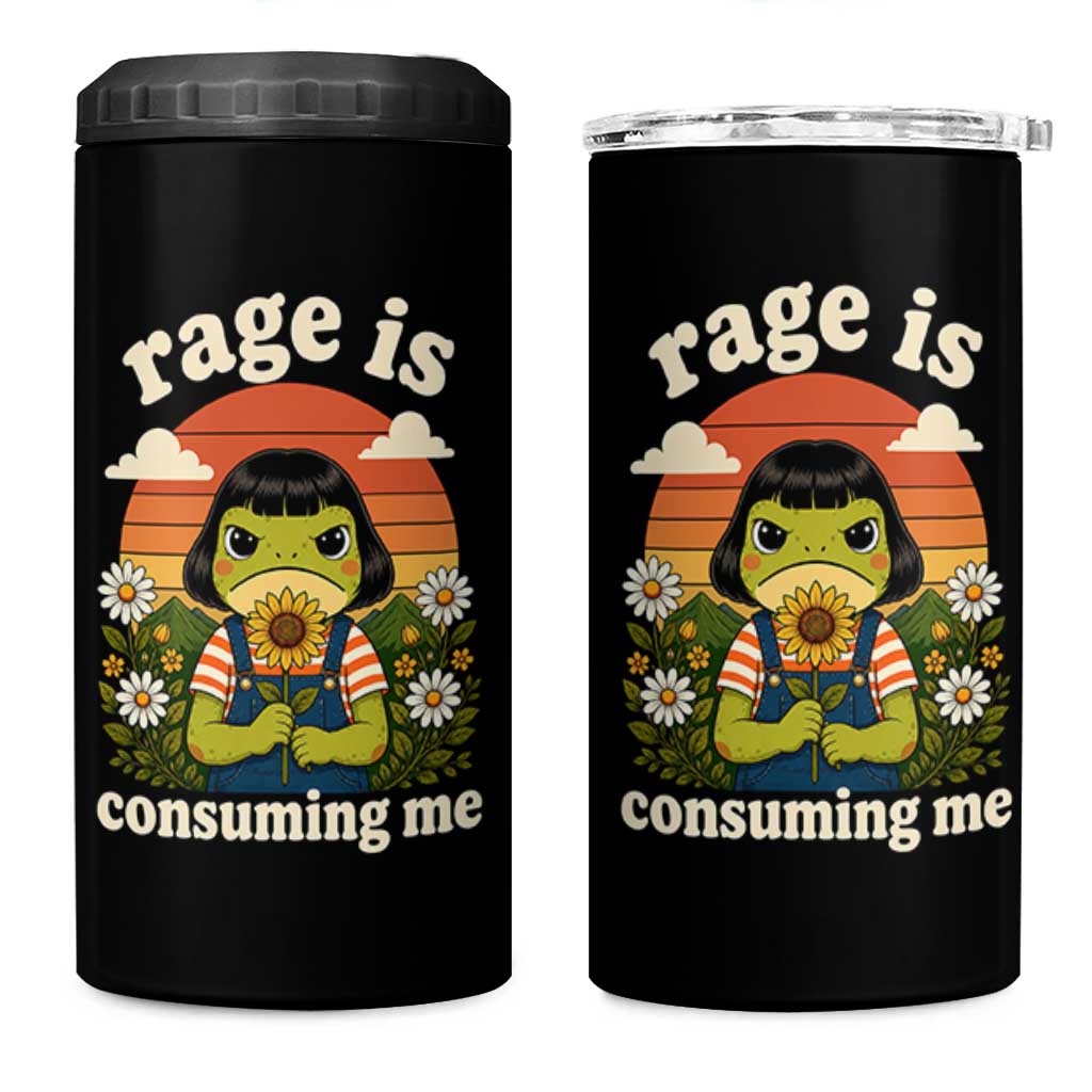 Rage Is Consuming Me Funny Cute Retro Cottagecore Frog Meme 4 in 1 Can Cooler Tumbler Holding Sunflower Sunset Aesthetic Humor