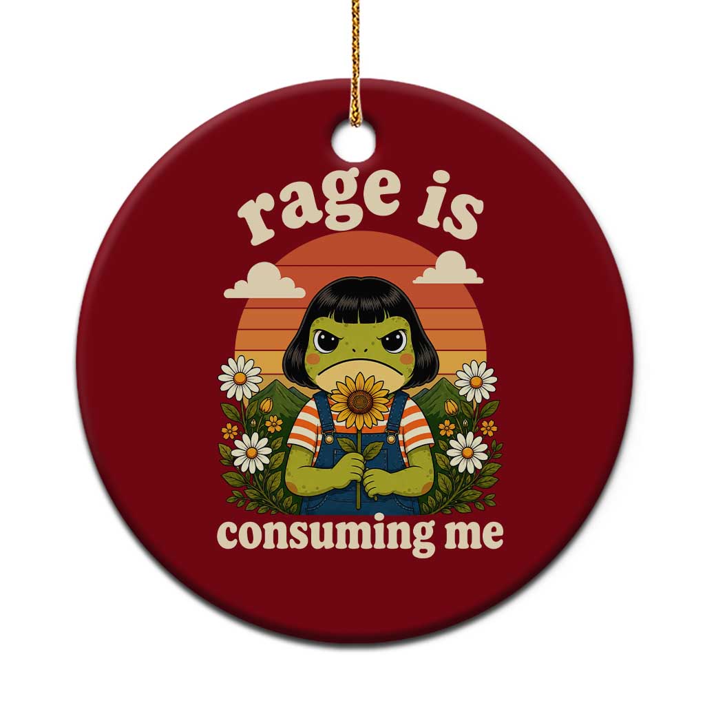 Rage Is Consuming Me Funny Cute Retro Cottagecore Frog Meme Ceramic Ornament Holding Sunflower Sunset Aesthetic Humor