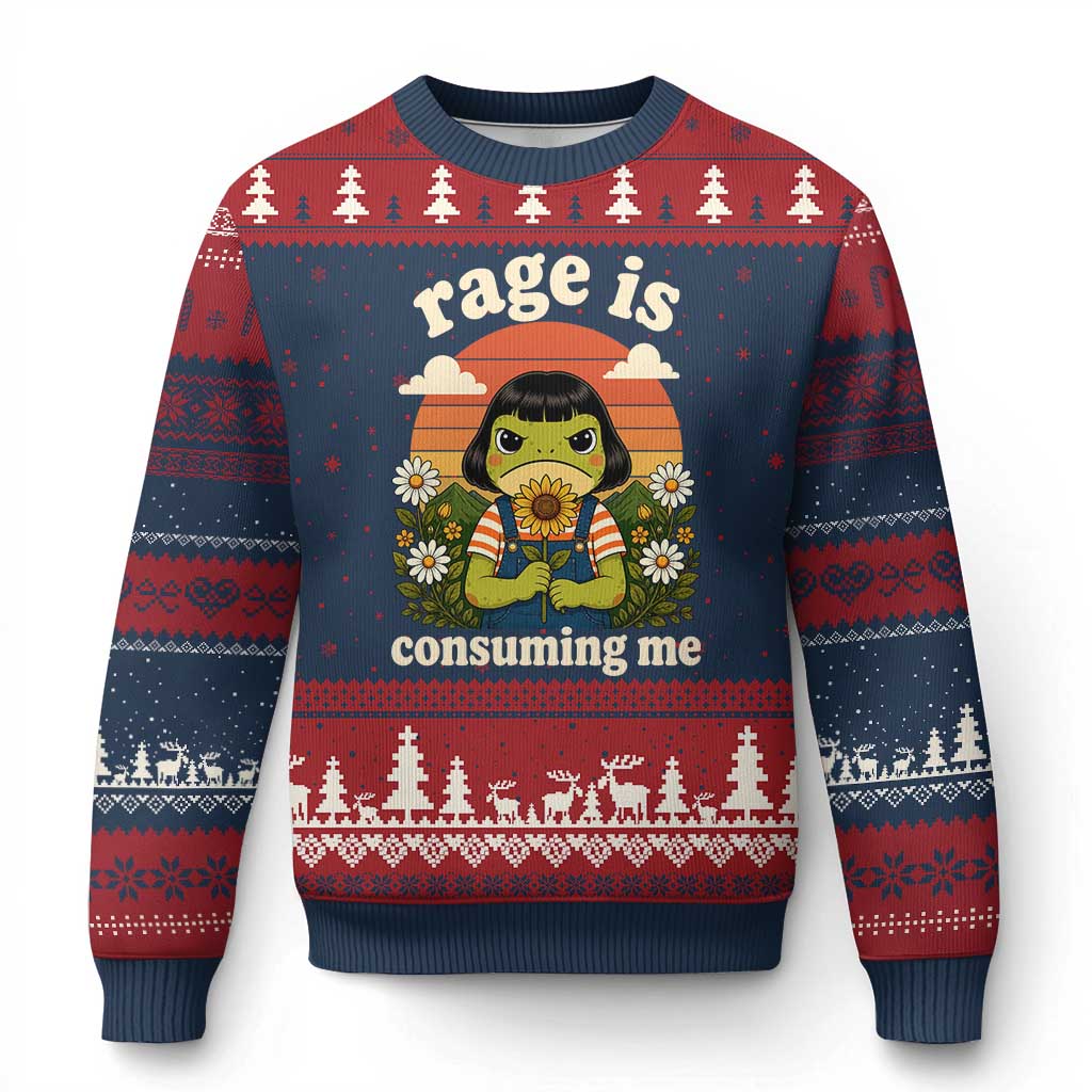 Rage Is Consuming Me Funny Cute Retro Cottagecore Frog Meme Ugly Christmas Sweater Holding Sunflower Sunset Aesthetic Humor