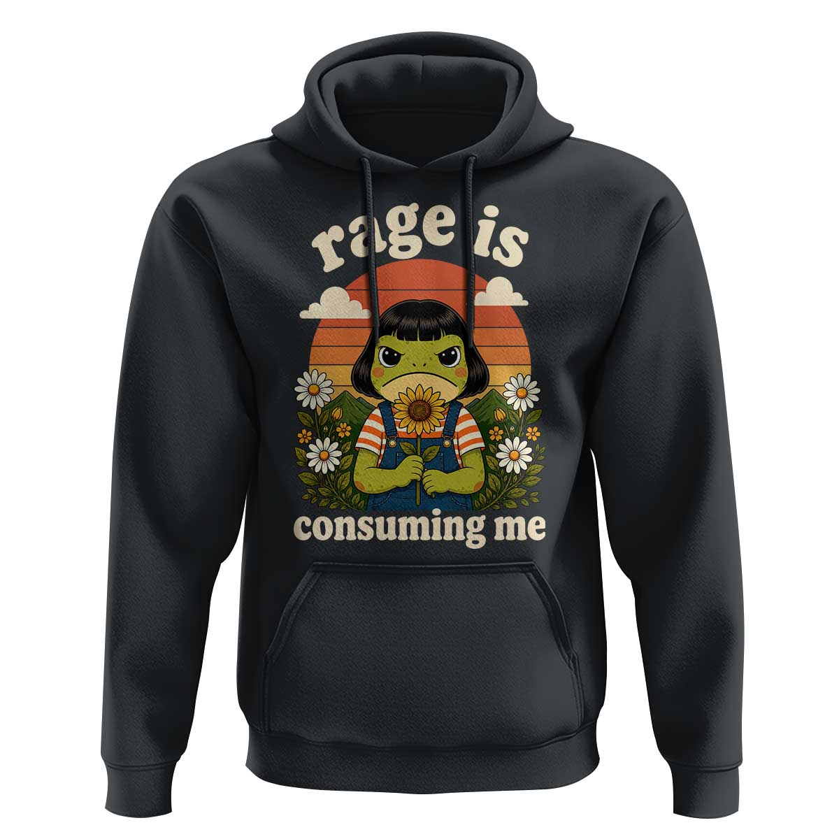 Rage Is Consuming Me Funny Cute Retro Cottagecore Frog Meme Hoodie Holding Sunflower Sunset Aesthetic Humor