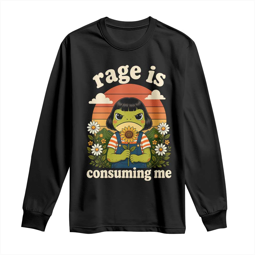 Rage Is Consuming Me Funny Cute Retro Cottagecore Frog Meme Long Sleeve Shirt Holding Sunflower Sunset Aesthetic Humor