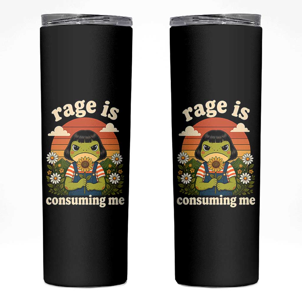 Rage Is Consuming Me Funny Cute Retro Cottagecore Frog Meme Skinny Tumbler Holding Sunflower Sunset Aesthetic Humor