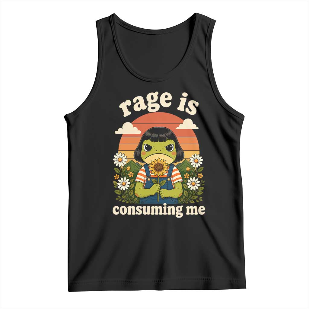 Rage Is Consuming Me Funny Cute Retro Cottagecore Frog Meme Tank Top Holding Sunflower Sunset Aesthetic Humor