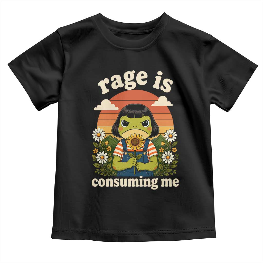Rage Is Consuming Me Funny Cute Retro Cottagecore Frog Meme Toddler T Shirt Holding Sunflower Sunset Aesthetic Humor