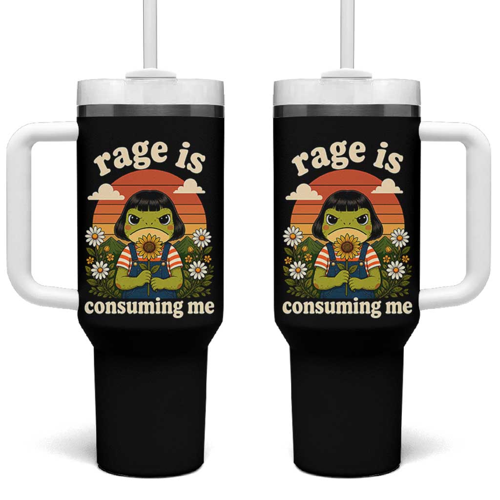 Rage Is Consuming Me Funny Cute Retro Cottagecore Frog Meme Tumbler With Handle Holding Sunflower Sunset Aesthetic Humor