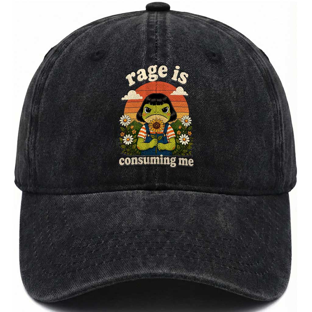 Rage Is Consuming Me Funny Cute Retro Cottagecore Frog Meme Washed Cotton Baseball Cap Holding Sunflower Sunset Aesthetic Humor