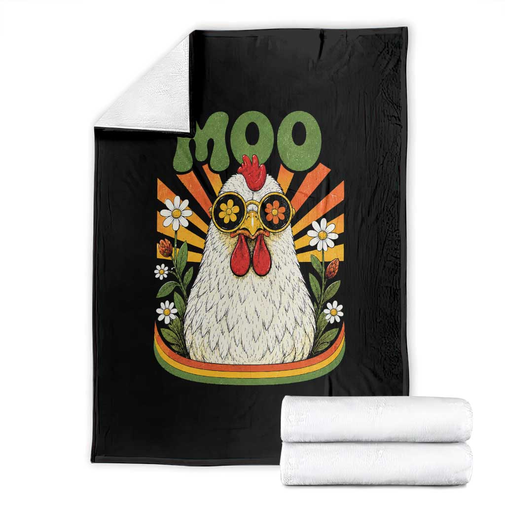 Retro Moo Chicken Wearing Sunglasses Graphic Throw Blanket Funny Groovy Farm Animal Pun Vintage Sunburst