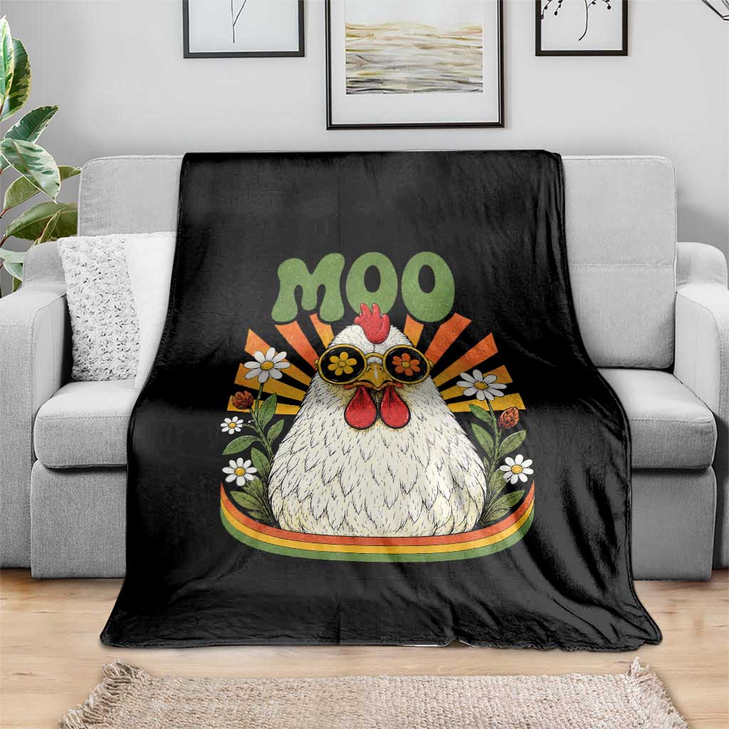 Retro Moo Chicken Wearing Sunglasses Graphic Throw Blanket Funny Groovy Farm Animal Pun Vintage Sunburst
