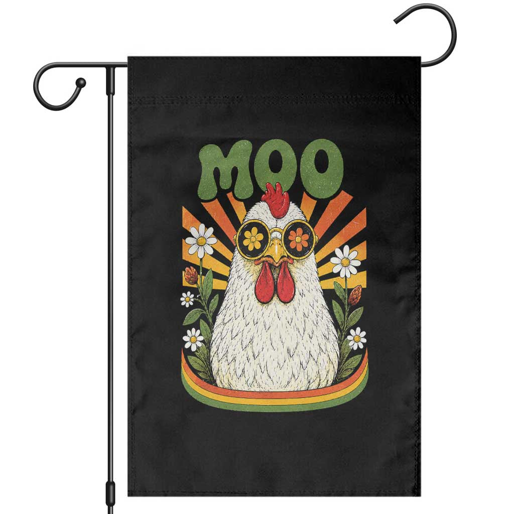 Retro Moo Chicken Wearing Sunglasses Graphic Garden Flag Funny Groovy Farm Animal Pun Vintage Sunburst