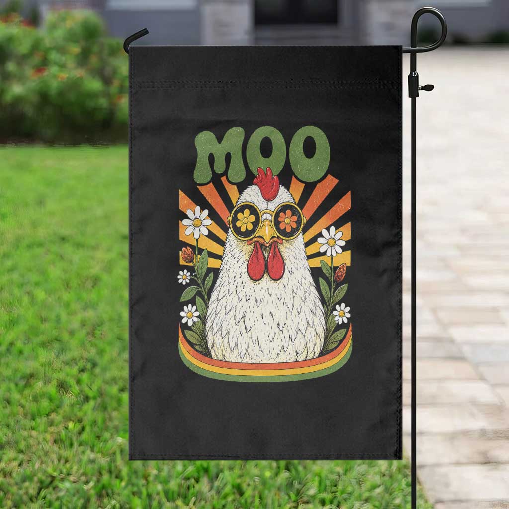Retro Moo Chicken Wearing Sunglasses Graphic Garden Flag Funny Groovy Farm Animal Pun Vintage Sunburst