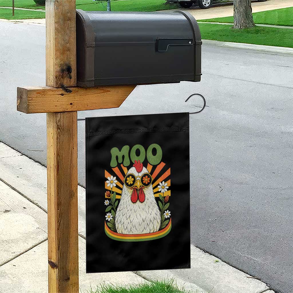 Retro Moo Chicken Wearing Sunglasses Graphic Garden Flag Funny Groovy Farm Animal Pun Vintage Sunburst