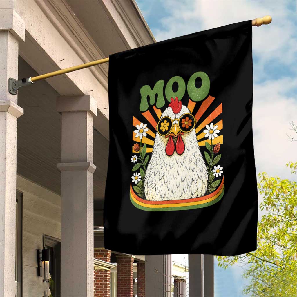 Retro Moo Chicken Wearing Sunglasses Graphic Garden Flag Funny Groovy Farm Animal Pun Vintage Sunburst