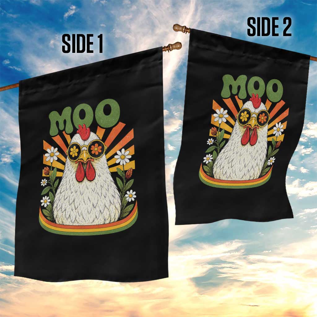 Retro Moo Chicken Wearing Sunglasses Graphic Garden Flag Funny Groovy Farm Animal Pun Vintage Sunburst